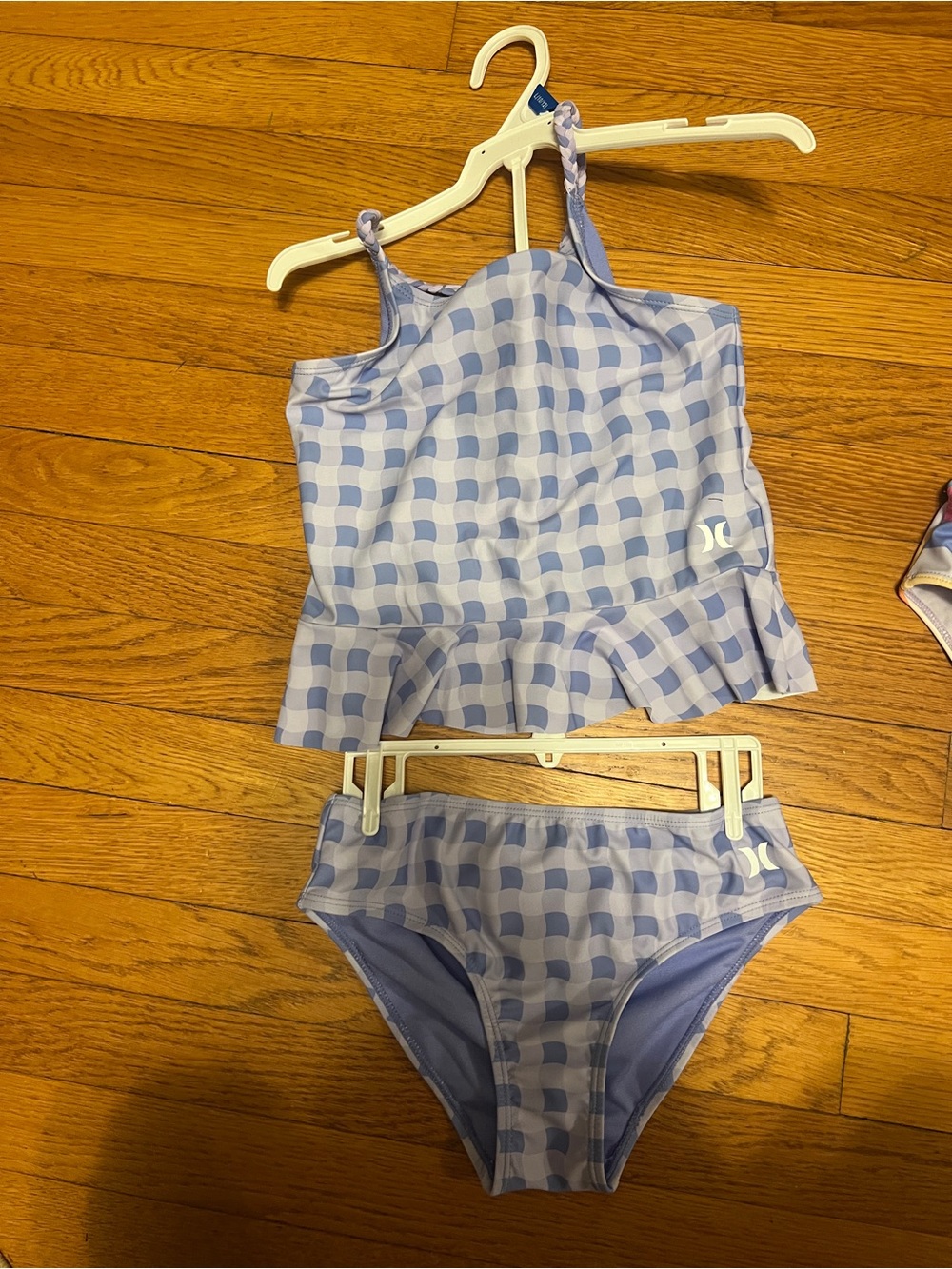 Hurley Light Blue and White Gingham Tankini Set with Peplum Top